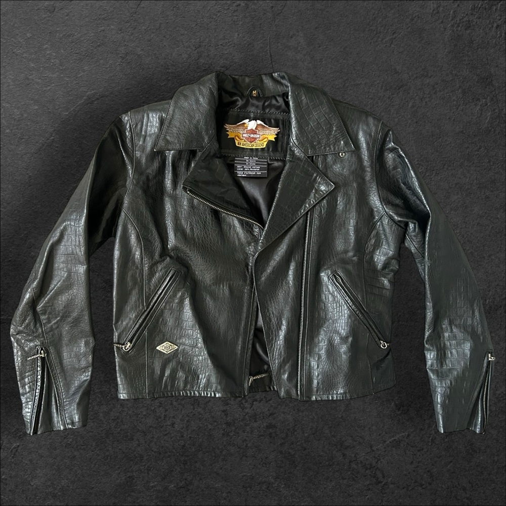 Harley-Davidson Croc Embossed Genuine Leather Moto Jacket – Black – Size M
